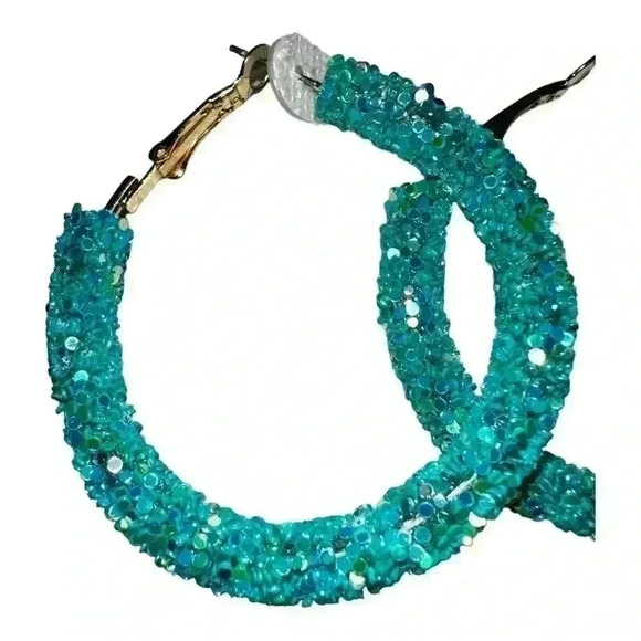 Bijoux Bar Turquoise Beaded Stainless Steel Hoop Earrings - Picture 2 of 5